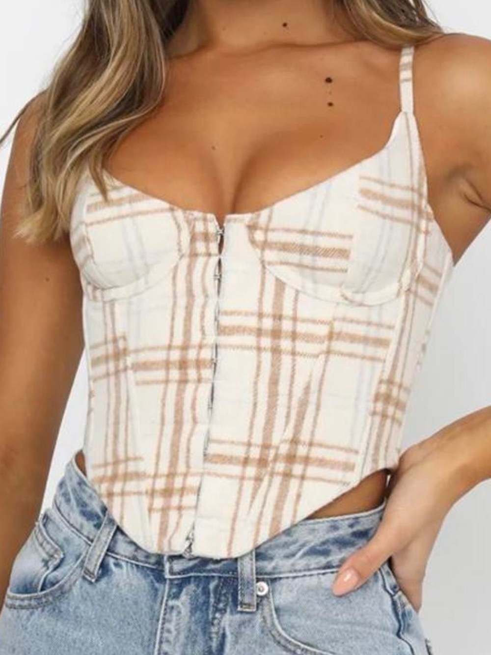 White Fox Choose Me Plaid Bustier Corset Top Cream XS